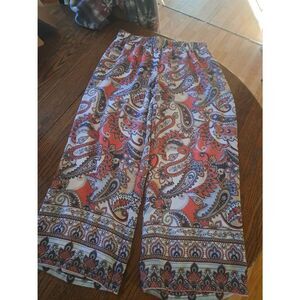 Large New Directions Red Blue White Floral Elastic Waist Wide Flare Leg Pants